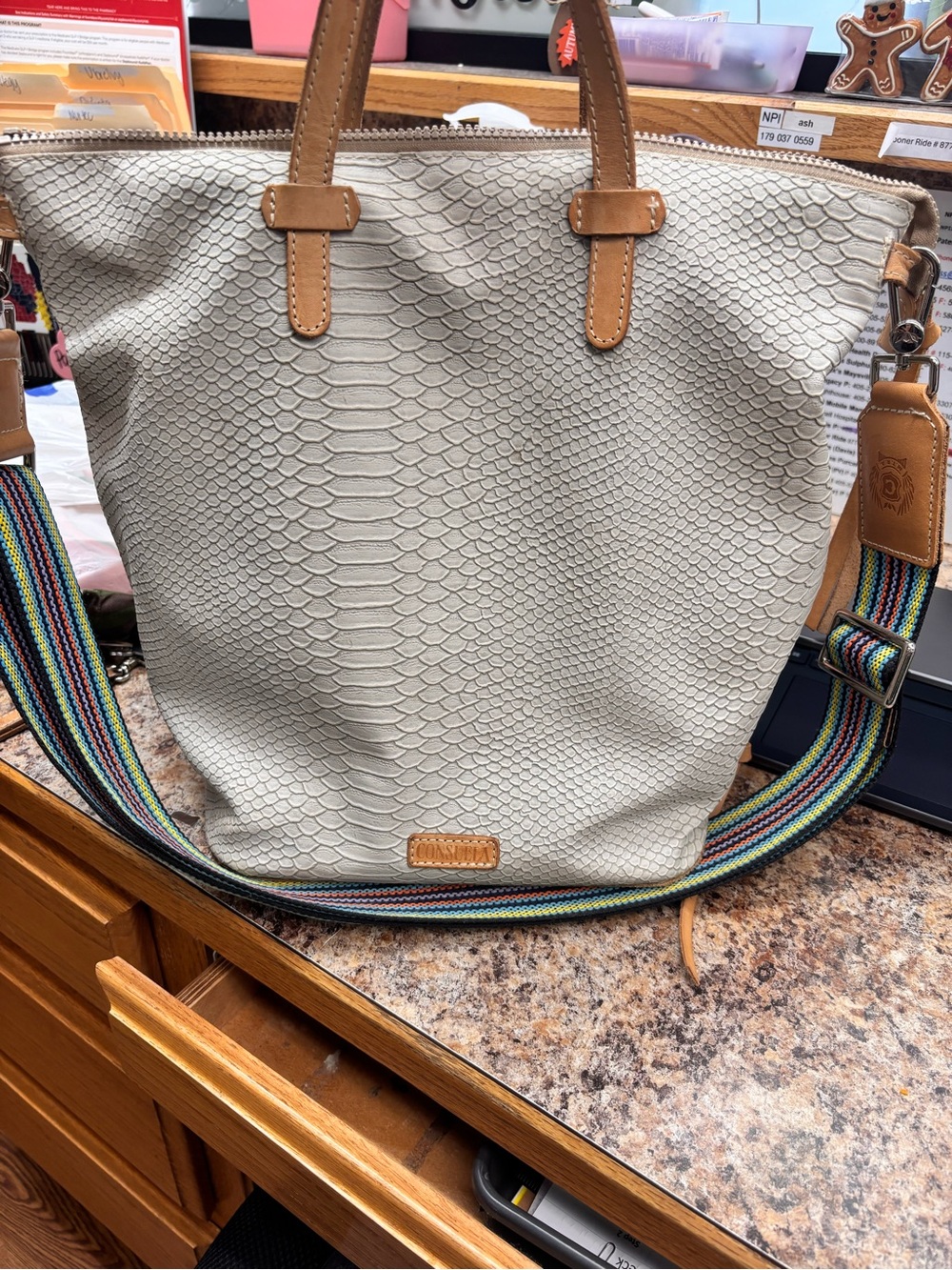 Consuela Cream Textured Shoulder Tote with Tan Leather Trim and Multicolor Strap